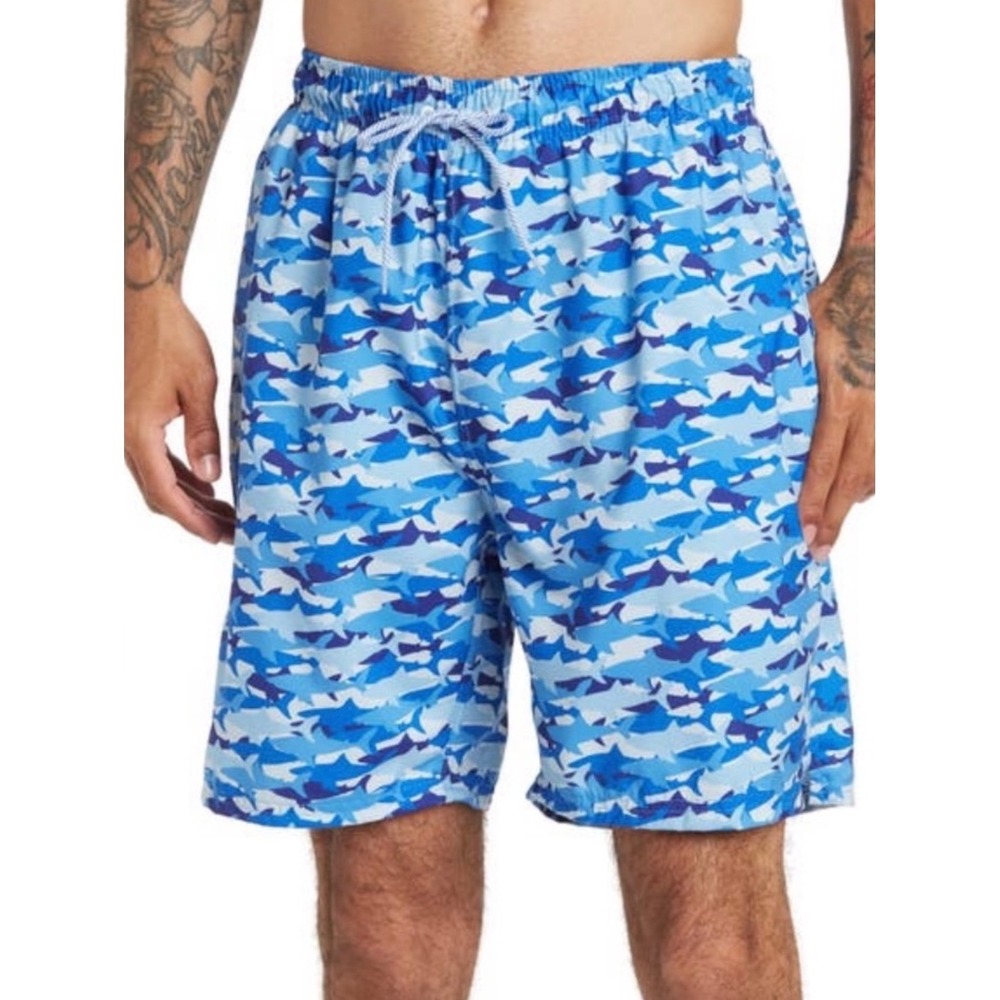 Tailorbyrd Mens‎ Blue Shark Camo Swim Trunks XL Elastic Waist Mesh Lined Shorts
